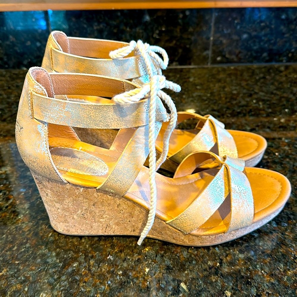 Worn Once! Sperry Metallic Leather Cork Wedge Sandal Size 11